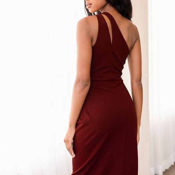 Lulu's | So Flirty Burgundy One-Shoulder Cutout Asymmetrical Dress, Size Med - Picture 4 of 5